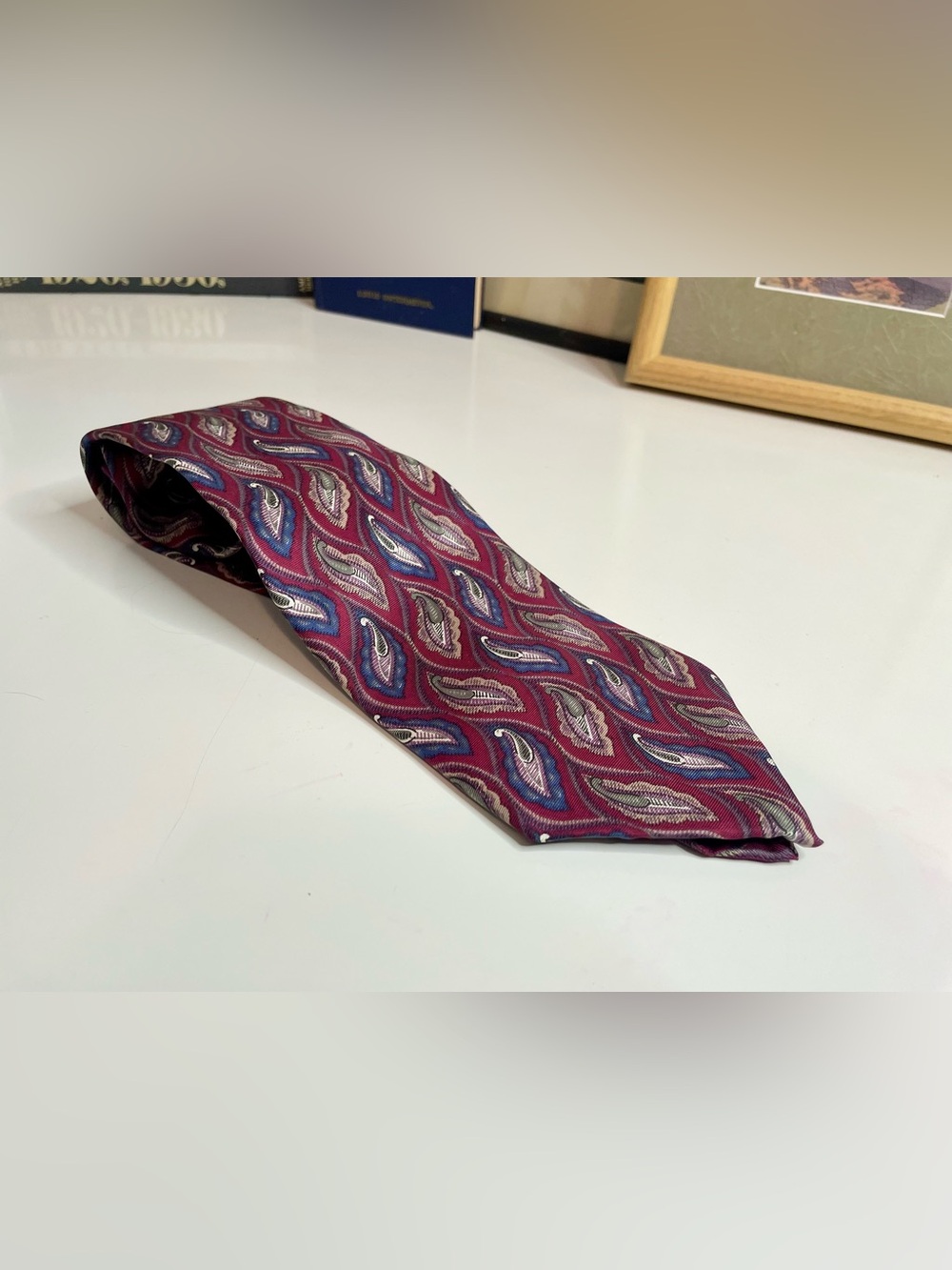Dior Burgundy Paisley Silk Tie with Blue and Silver Accents